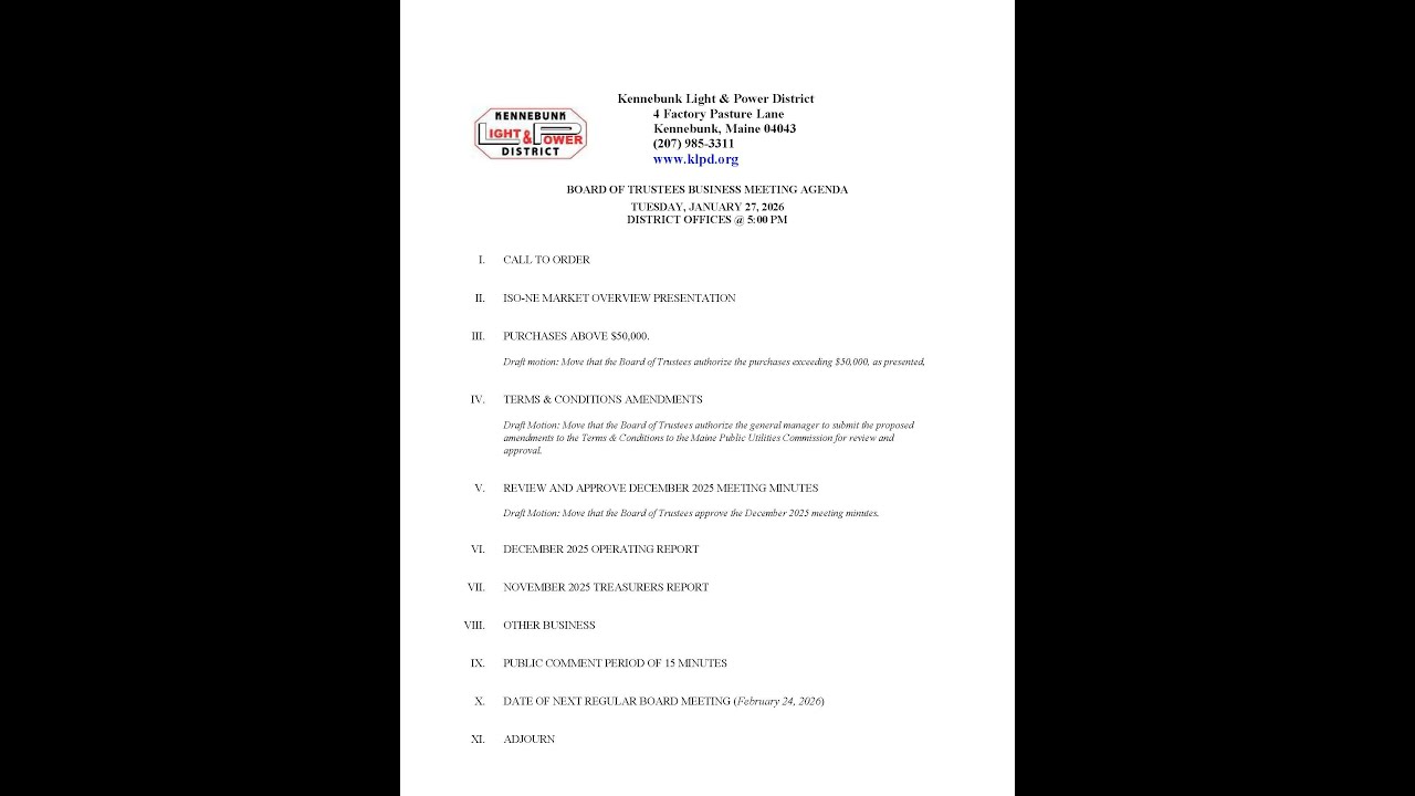 January 27 2026 Kennebunk Light and Power District Board of Trustees Meeting