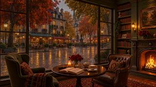 ( NO ADS ) 3 Hours of Deep Focus & Study in Cozy Library ☕ Rainy European Street Jazz & Fireplace