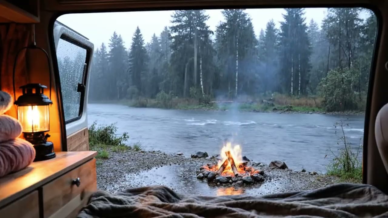 Rainy Riverside Camping Ambience with Crackling Campfire and Cozy Van Interior for Deep Sleep