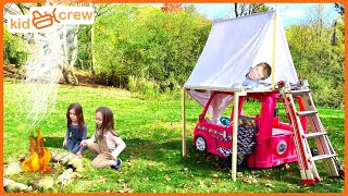 Camping adventure in Power Wheels RV, roof tent on Barbie car Dream Camper, campfire | Kid Crew