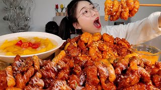 새우닭강정 슈프림양념닭발 황도 먹방:) Shrimp chicken, Chicken feet chicken, Yellow peaches mukbang
