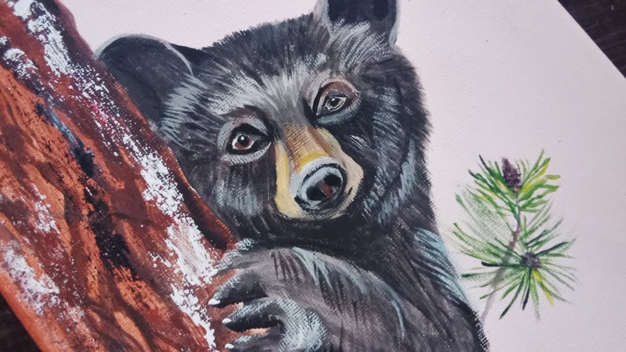 Black Bear in a Pine Tree Forest  / Acrylic Painting Techniques / Acrylic Painting 