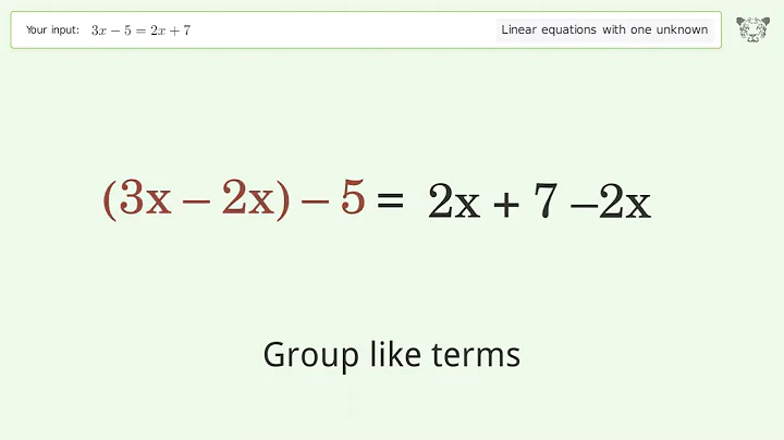 Linear equation with one unknown: Solve 3x-5=2x+7 step-by-step solution