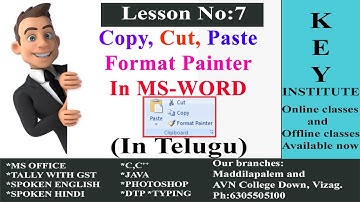 How To Use Copy Cut Paste & Format Painter In MS-Word In Telugu || Key Institute Vizag ||