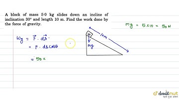 A block of mass 5.0 kg slides down an incline of inclination 30^0` and length 10 m. find the wor...