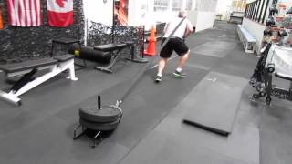 Hip mobility, fireman's carry sled drag, reverse curl rotation