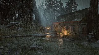 A small & cozy log cabin in the woods to the sound of rain and occasional rolls of thunder | Rain