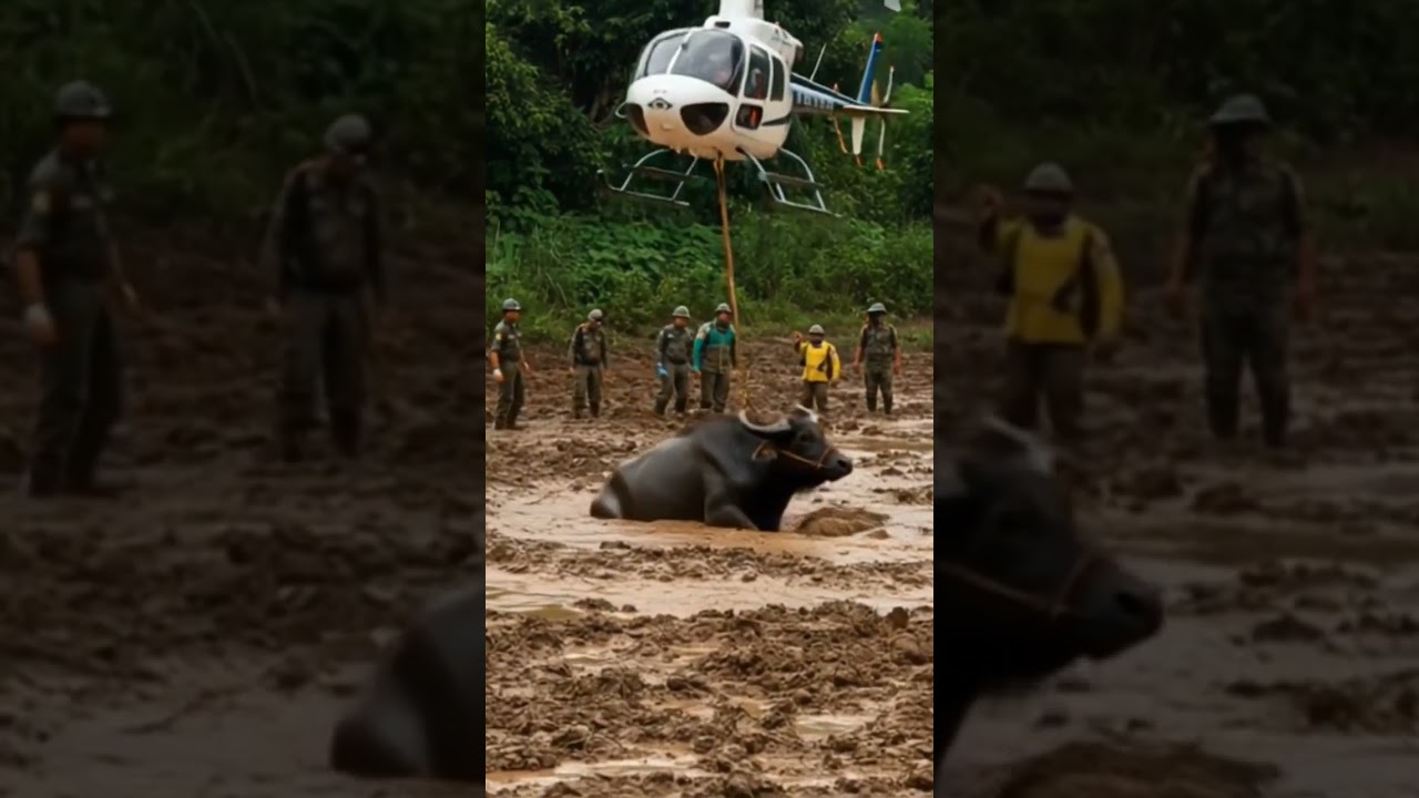 Buffalo Trapped: Helicopter Rescue From Deep Muddy Trap 