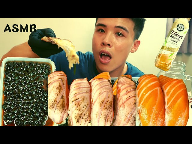 MUKBANG ASMR 吃播 | 炙燒鮭魚握壽司加珍珠泰奶寶盒 | 吃貨小菜ASMR