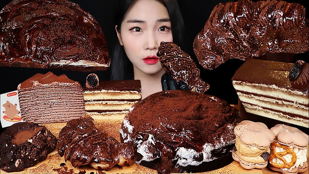 ASMR MUKBANG 직접만든 초코케이크 누텔라 크로플 쿼카마카롱 크레이프 쿠키 먹방 CHOCOLATE CAKE MACARON WAFFLE COOKIE CREPE EATING