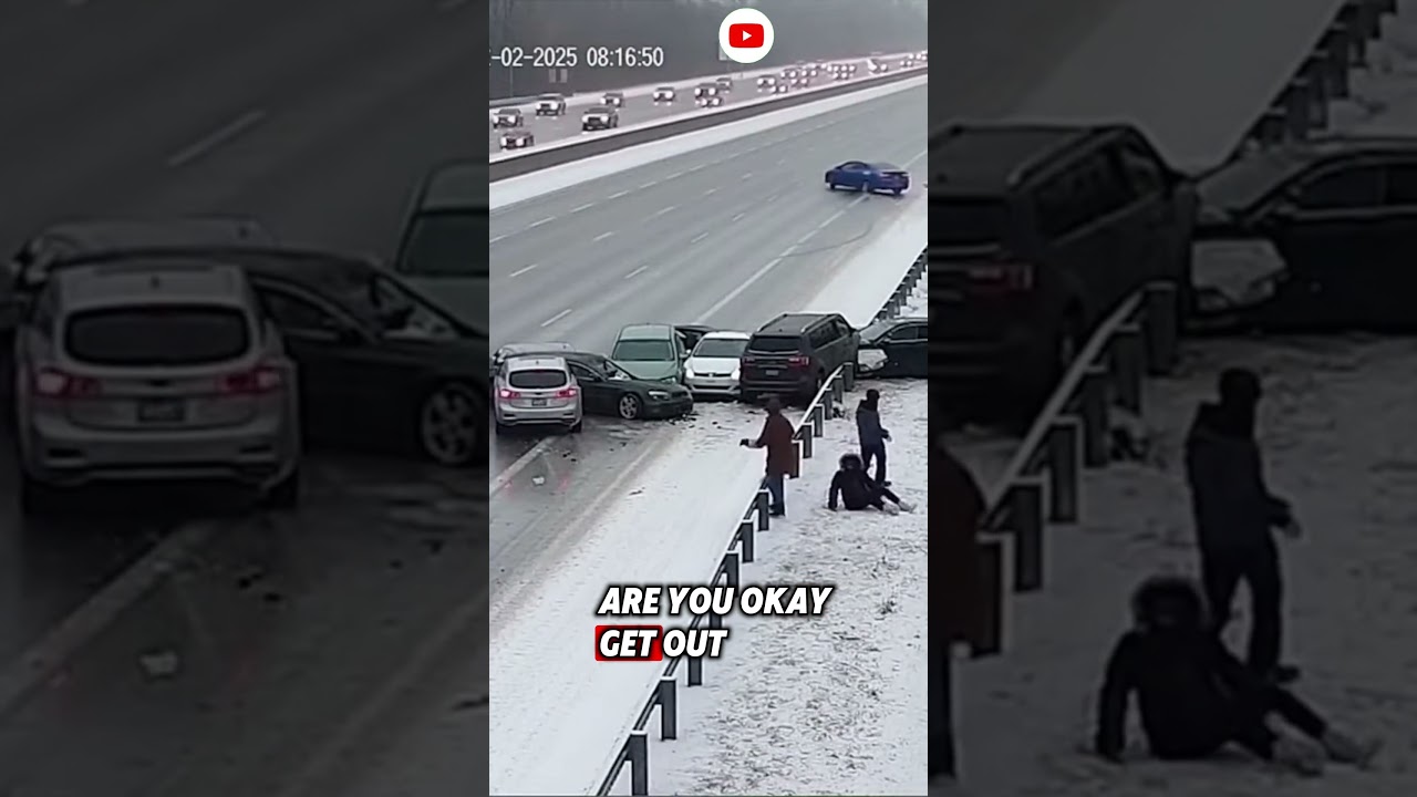 Terrifying Icy Highway Pile-Up Caught on Traffic Camera | Bystander Nearly Hit