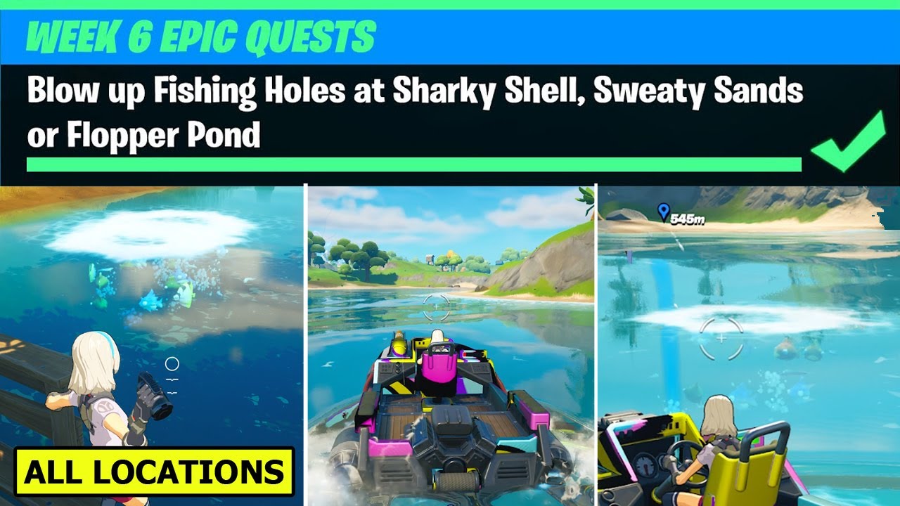 Blow up Fishing Holes at Sharky Shell, Sweaty Sands, or Flopper Pond