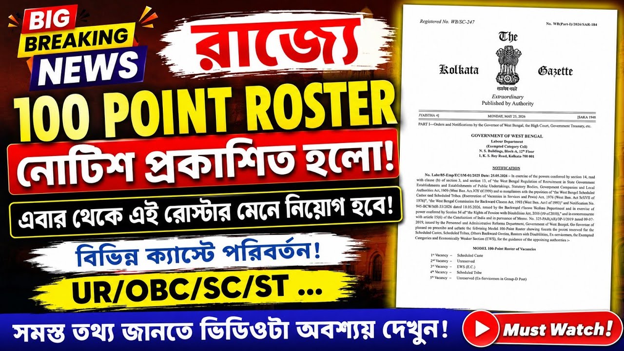 রাজ্যে নতুন 100 Point Roster চালু!এবার কোন কাস্টে কত সংরক্ষণ?WB ...