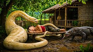 72 Hours Survival: Sleeping Girl Trapped Between Giant Albino Python and Komodo Dragon!