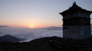 Sunrise From A Mountain Summit With A Buddhist Monastery In The Foreground Himalayas Bhutan
