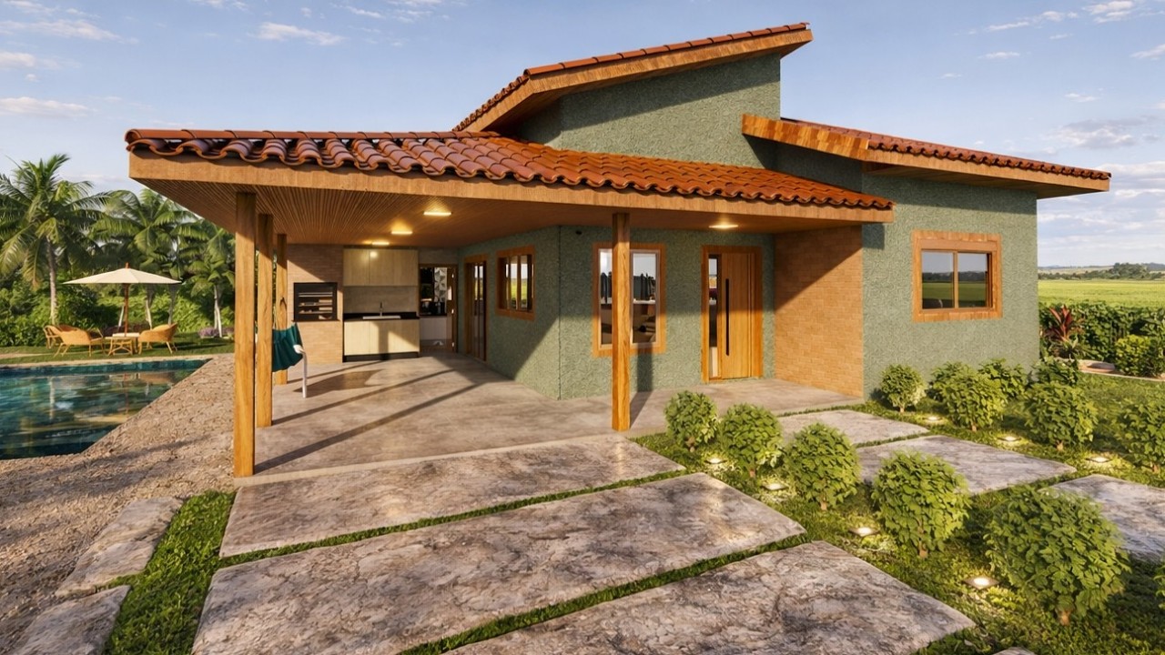 Projeto de Casa de Campo com 2 Quartos e 130m²: conforto, lazer e elegância em um só lugar