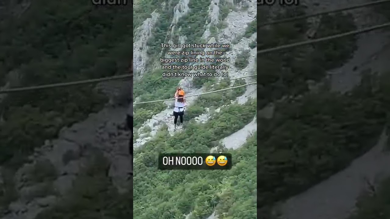 She got stuck in the middle of the biggest zipline in the world 😳😳😳