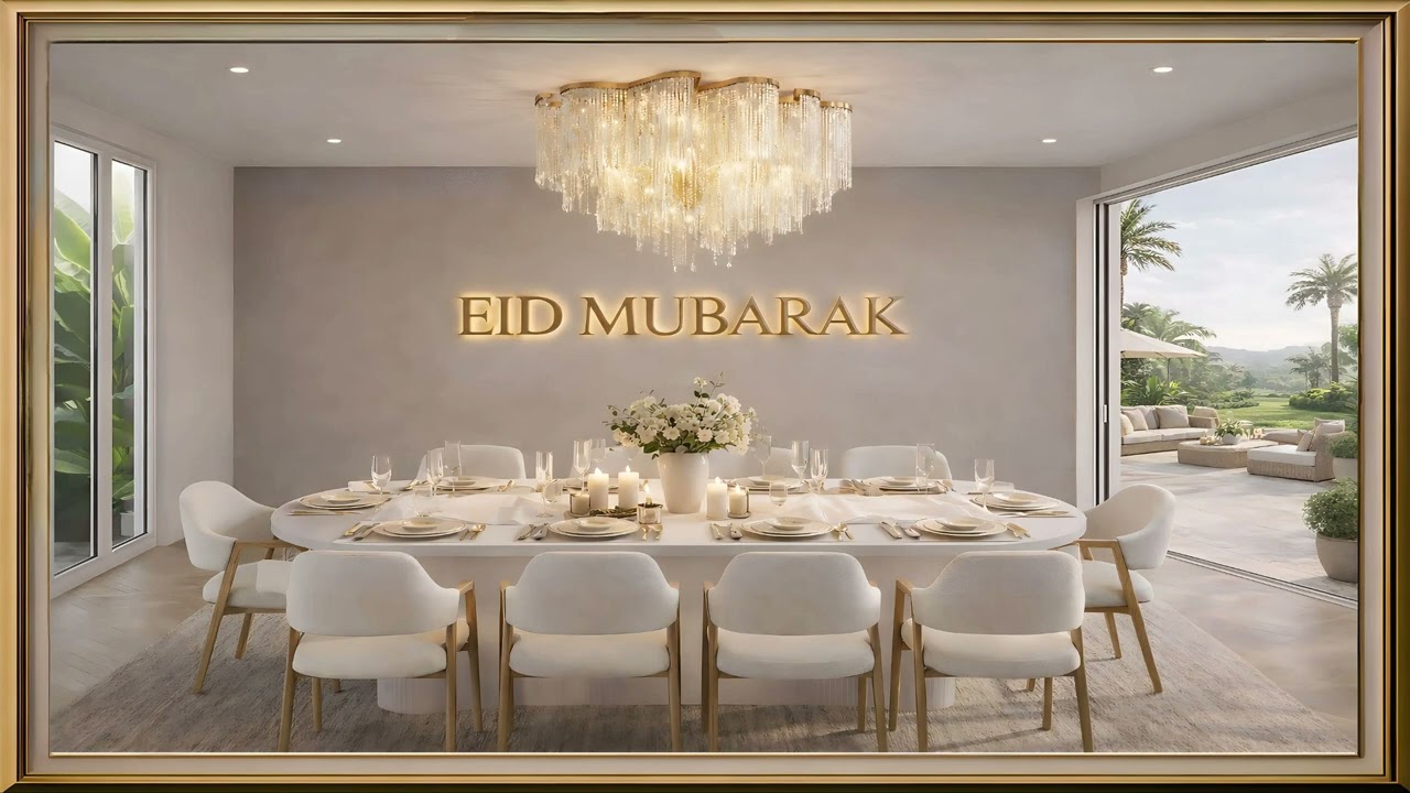 Eid Mubarak Golden Frame - Luxury Patio Sunrise | 2 Hours UHD Elegant Ambience | Amarno_AM | #02