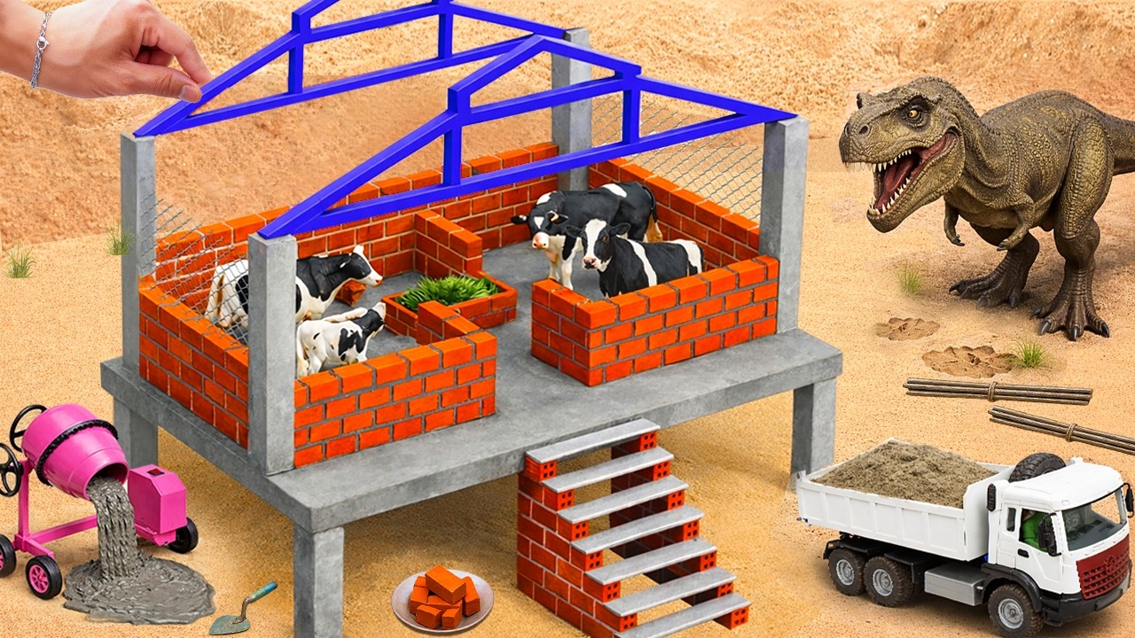 Dinosaur Attacks Cows | DIY Mini Tractor Builds a 2-Story Brick Cow Barn with Protective Mesh