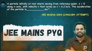 A particle initially at rest starts moving from reference point. x = 0 along x-axis, with velocity..