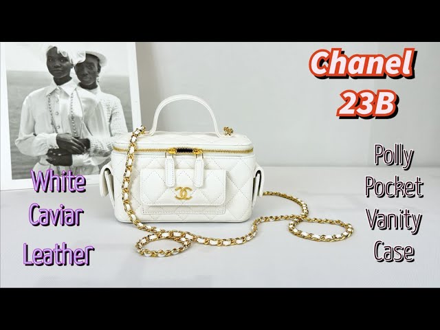 Chanel 23B White Caviar Leather Polly Pocket Vanity Case with Chain. 