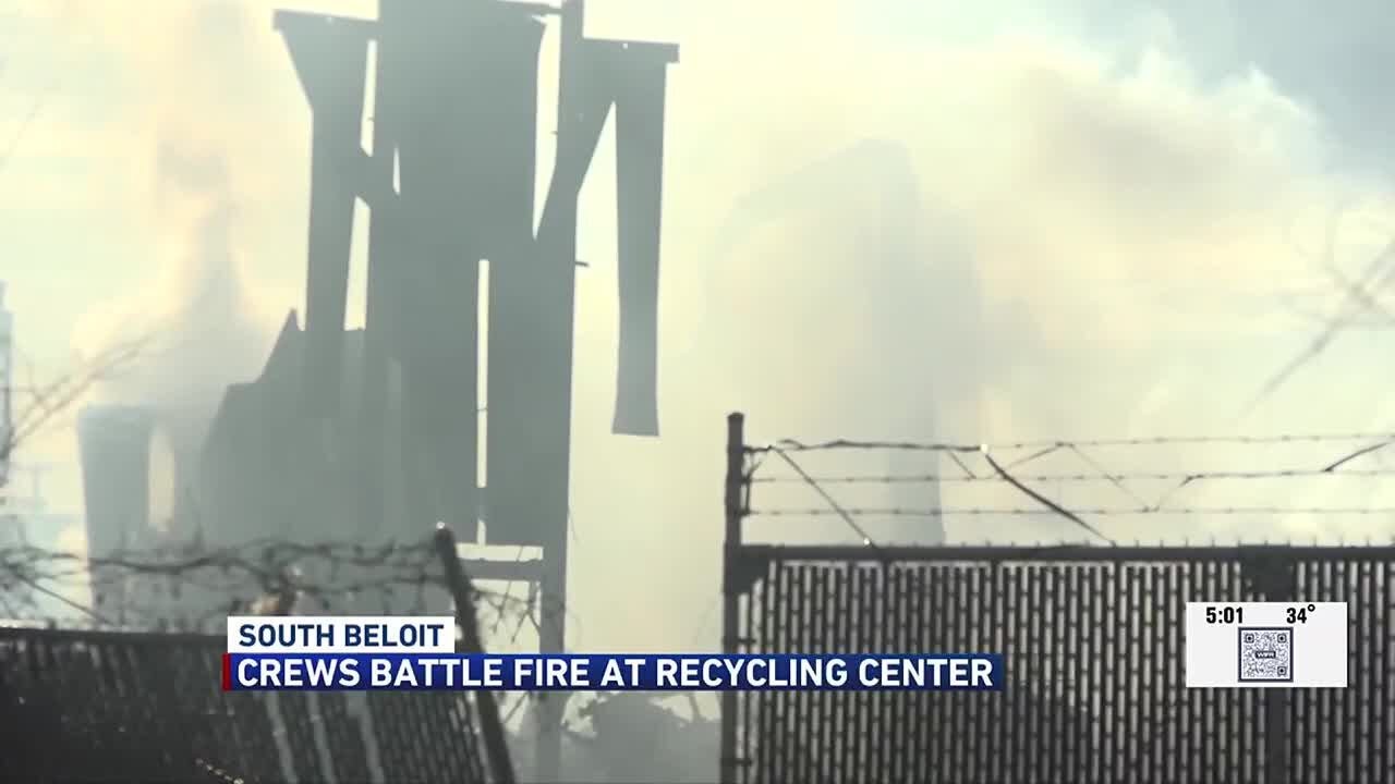 Crews battle fire at recycling center in South Beloit - YouTube