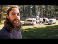 Cozy vanlife camping in mountain forest with friends
