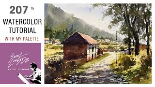 watercolor landscape painting tutorial | light and shadow | village scene | Sunil Linus De