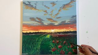 How to paint rose field sunrise | easy acrylic tutorial