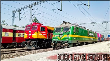 Wdg4g With Double Stack Container Overtaking Wag9 & Crossing Dmu Staff Special Indian Railway