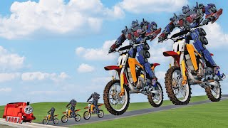 Big &amp; Small Optimus Prime on a motorcycle vs Choo-Choo Thomas Train – BeamNG.Drive