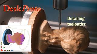 : Rotation axis machining a wooden sculpture with DeskProto (4-axis CNC)