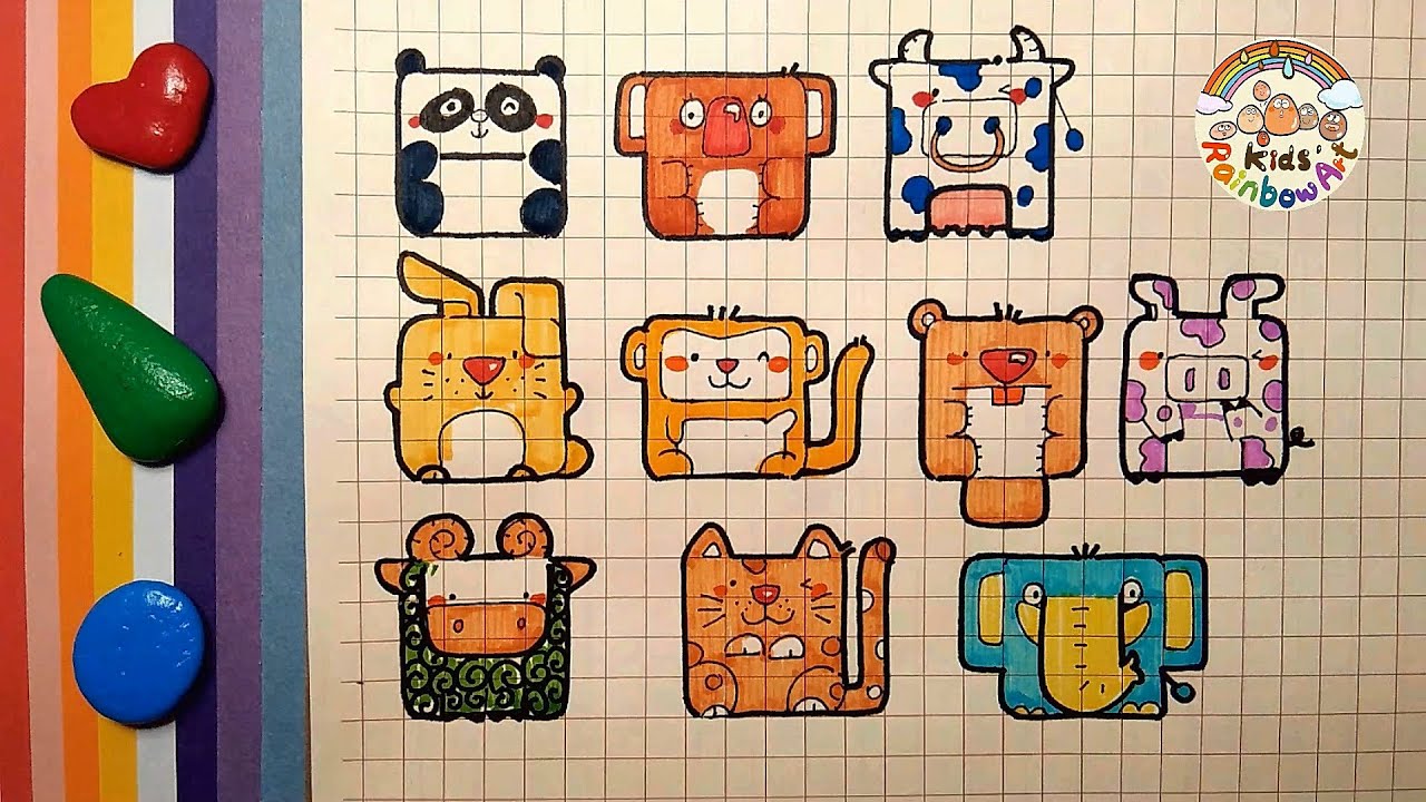 Draw Panda,Cow,Rabbit,Monkey,Otter,Pig,sheep,Cat,Elephant With Squares for Beginners:用方形画熊猫牛兔子猴子