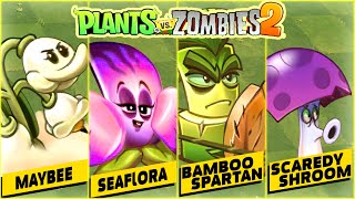 MAYBEE, SEAFLORA, SCAREDY SHROOM & BAMBOO SPARTAN All Ability & Power-Ups | Plant Vs Zombies 2