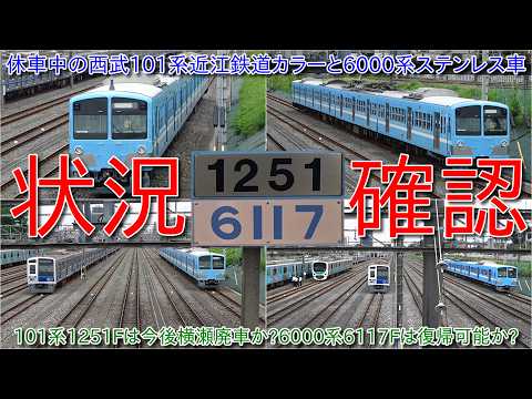 休車中の西武101系近江鉄道カラー1251Fと6000系6117Fの状況確認、1251F