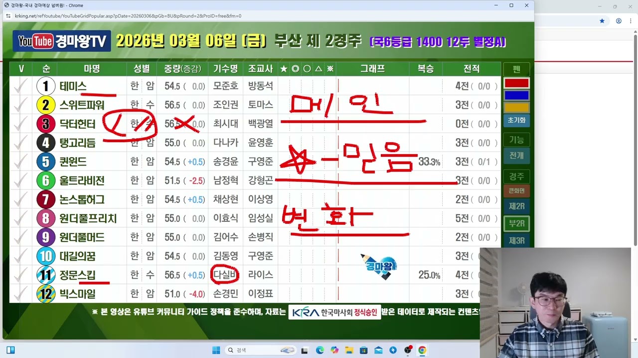 3월 6일 금요일 방송 (전반2경주/후반6경주7경주8경주/한구라하겠습니다)