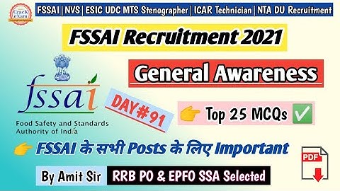 FSSAI General Awareness | FSSAI Recruitment 2021 | DAY- 91 | FSSAI Previous Year Questions|Assistant