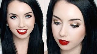 Holiday Glam Makeup Look | Gold Glitter & Classic Red Lip