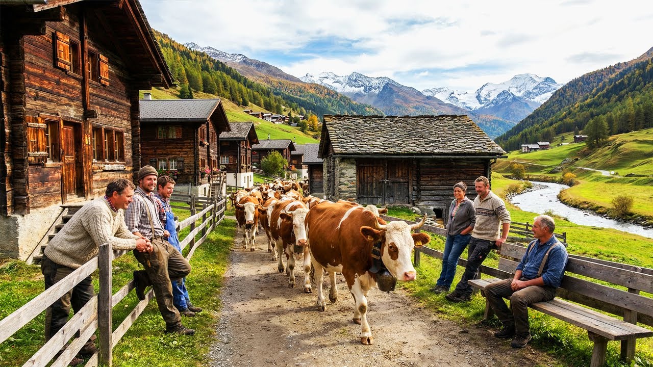 Peaceful Swiss Village Life 🇨🇭 | Giant Cows Farming & Traditional Milk Milking | Cinematic 8K