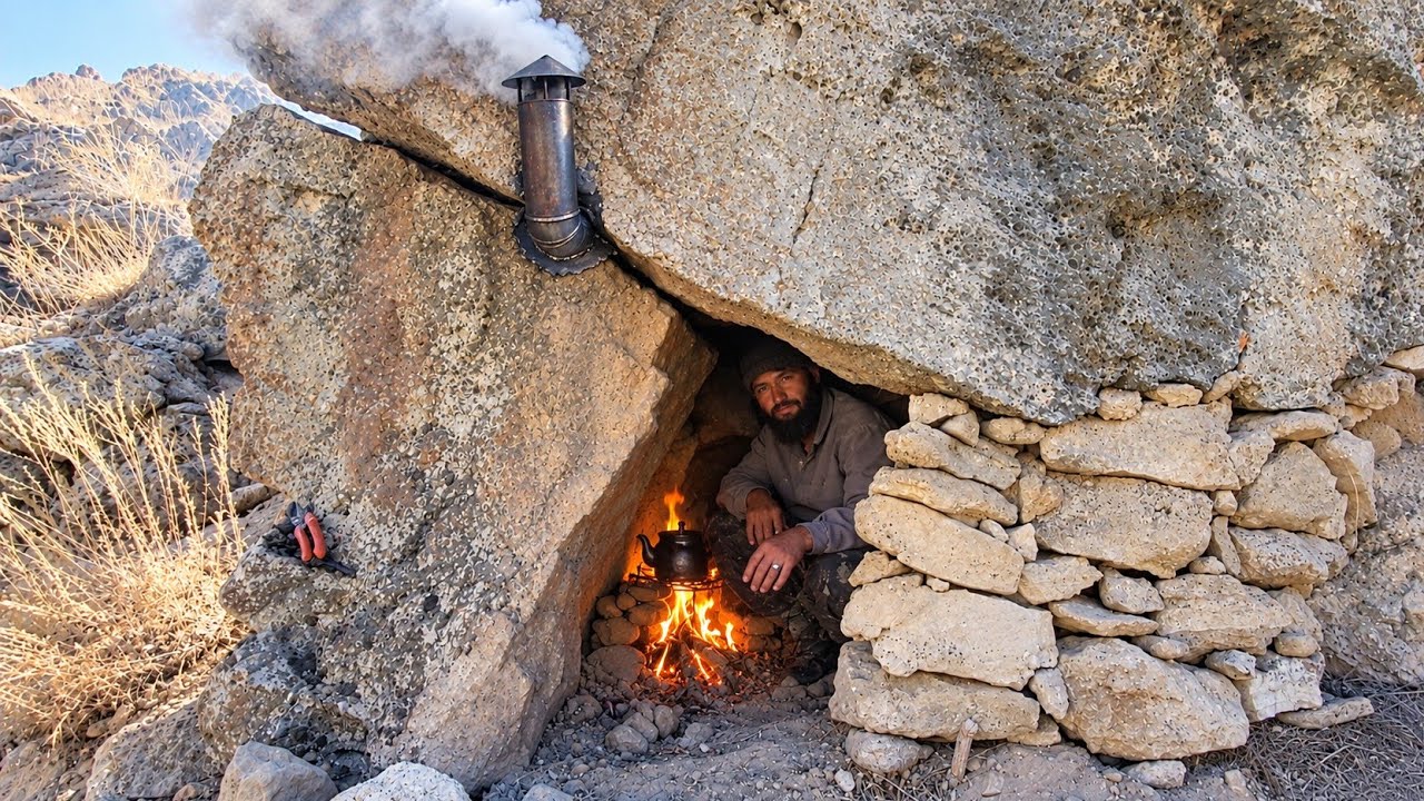Farmer Homes Rocks I Built a Stone House Under a Giant Rock with a Working Fireplace ...