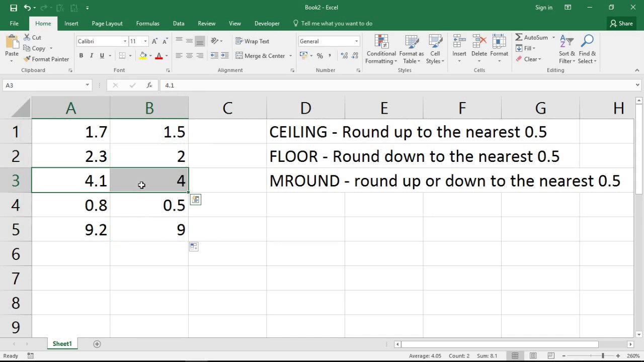 Round A Value To The Nearest 0 5 Excel Formula Youtube