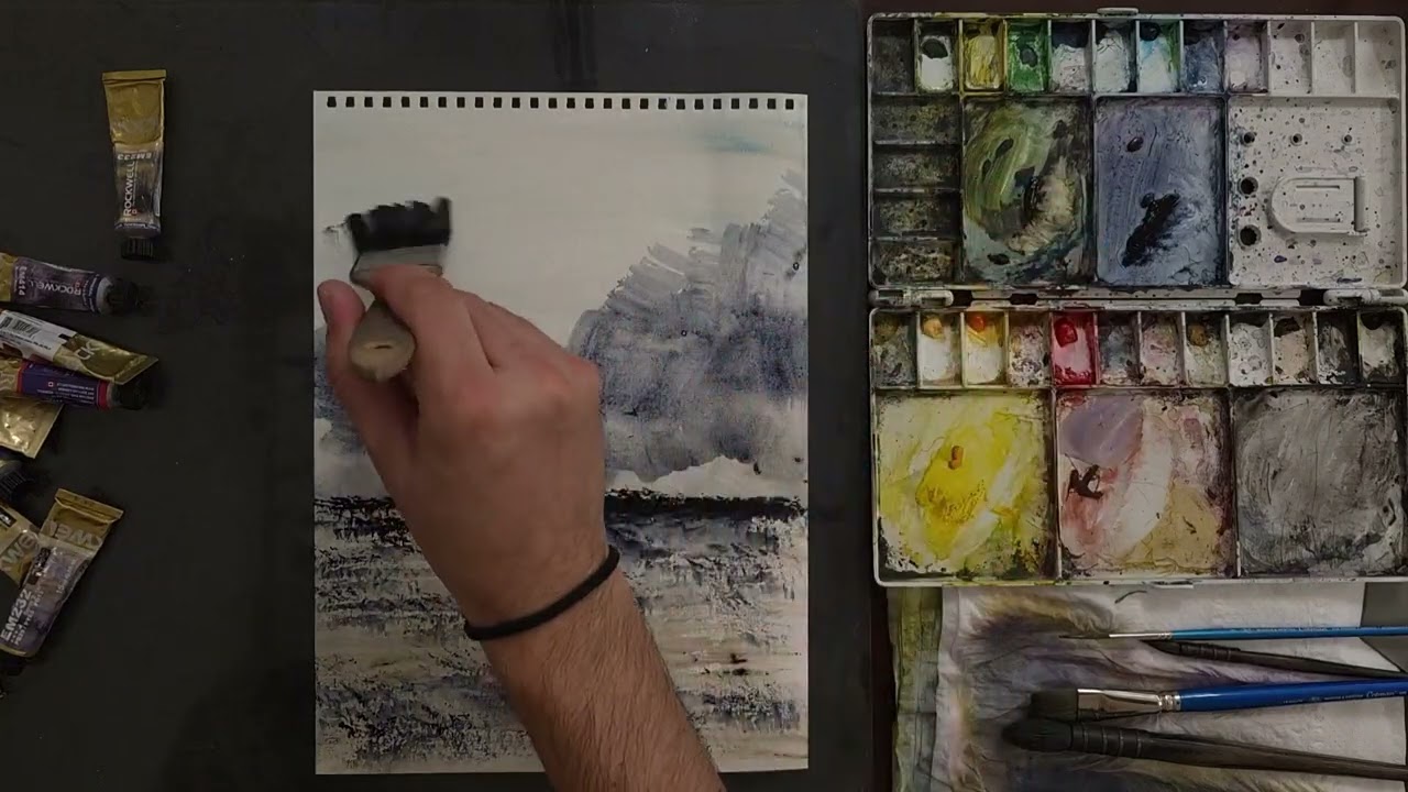 Crimson Field Under Low Clouds | Watercolor Abstract Landscape Painting 