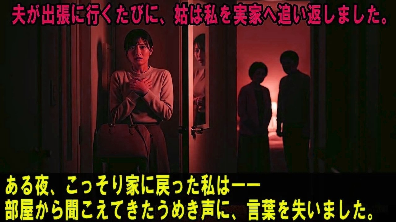 夫が出張に行くたびに、姑は私を実家へ追い返しました。ある夜、こっそり家に戻った私は――部屋から聞こえてきたうめき声に、衝撃を受けたのです#感動実話 #AIストーリー