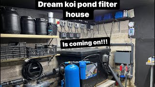 2000 gallon koi pond filter house, oase compact L drum filter, custom UV, evaluation aqua pumps