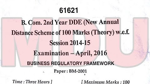 B.com 2nd Year dde (New Annual Distance) Business Regulatory Framework Question Paper Mdu Apirl 2016