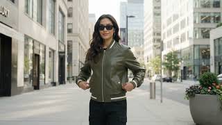 Women's Olive Green Leather Bomber Jacket Review | Trendy Fall Streetwear Style USA & Canada screenshot 5