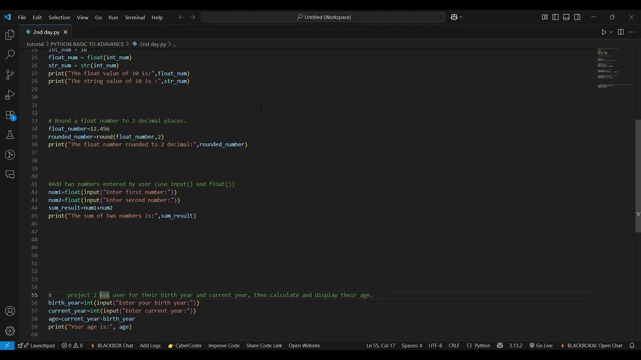 Day 2: Python Practice – Conditions, Loops & ListsIncludes: 5 Coding Questions + 1 Mini Project