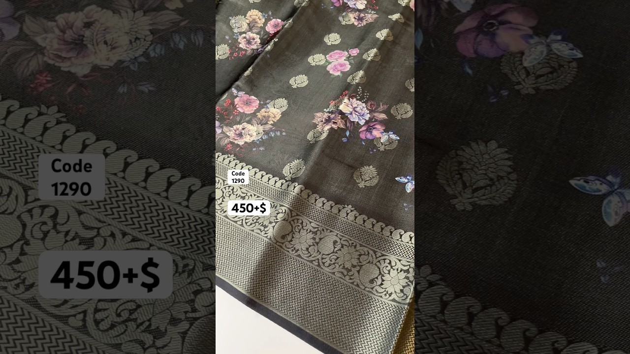 Нежное шелковое сари с цветочным принтом, богато вышитым паллу и каймой, украшенное узорами, и бл...