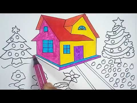 How to Draw Christmas Tree & house | Drawing for Kids, children's