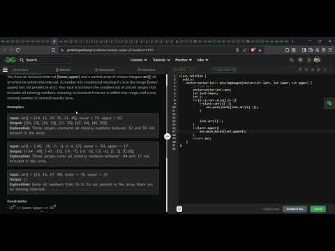 Missing Ranges of Numbers | GeeksforGeeks GFG Solution in C++ | Arrays | DSA
